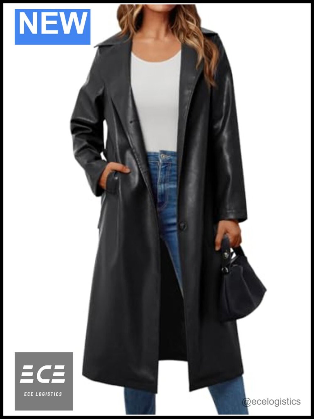 Faux Leather Trench Coat Long Belted Three Breasted Jacket